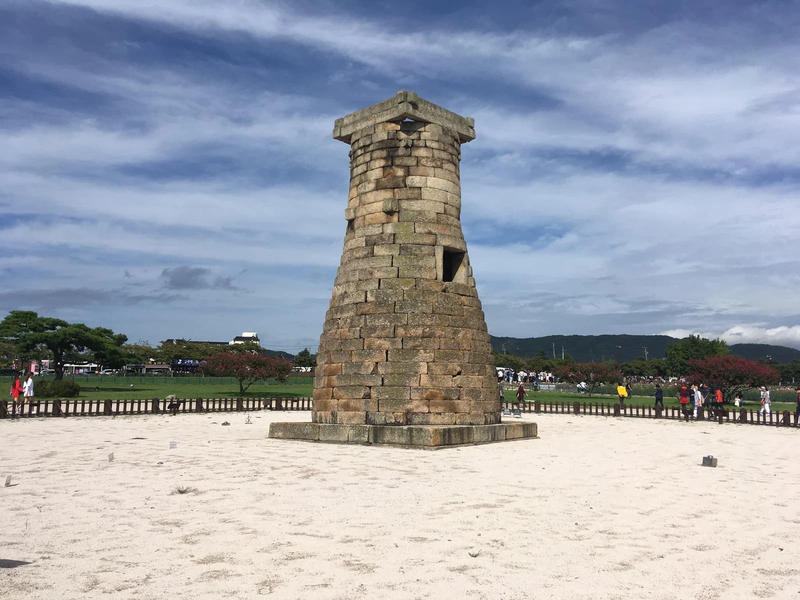 Cheomseongdae stone tower in Gyeongju, with a square opening and layered stone blocks